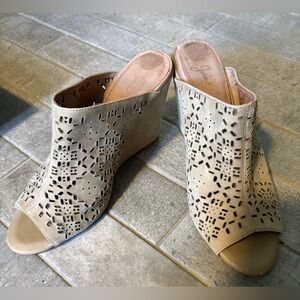 Joie Beige Laser-Cut Suede Wedge Mules